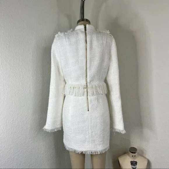 Luxdress Chunky Chain Fringe Button Front Long Sleeve Tweed Mini Dress - Picture 9 of 10